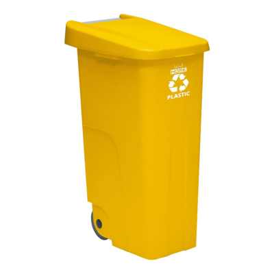 Contenedor Wellhome Reciclo 110 litros, cerrado con tapa, ideal para reciclaje de plásticos, con ruedas