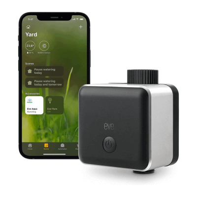 Eve Aqua - Controlador inteligente de riego para la app Casa de Apple y Siri; riega automáticamente con horarios programados, fácil de usar, acceso remoto