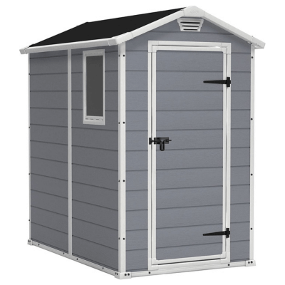 Keter Manor 4X6 S Shed- Caseta de jardín, con suelo, sistema de ventilación, puerta y ventana, resistente al agua, color gris